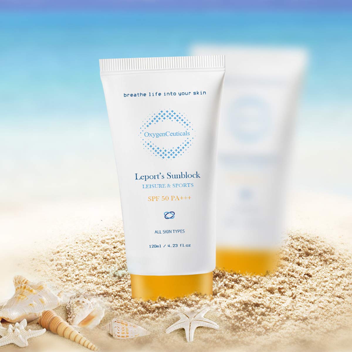 Солнцезащитный водостойкий крем SPF 50 PA+++ с кислородом Leports Sunblock SPF 50 PA+++ Oxygen Ceuticals, 120 ml